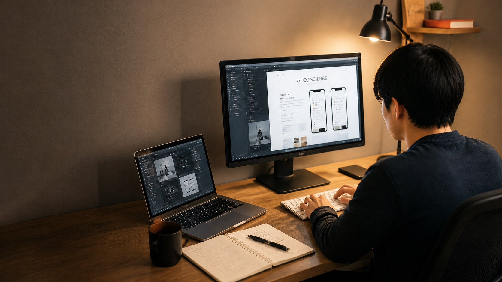 PCでWebサイトとAIコンシェルジュを制作する様子